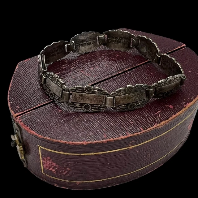 Antico Deco Vintage Argento Sterling WW2 Forget Me Not Pannello Bracciale 13.8g