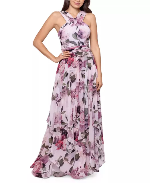 XSCAPE Gown Size 8 Chiffon Pink Floral Halter Ruched Ruffled Maxi NWT $299
