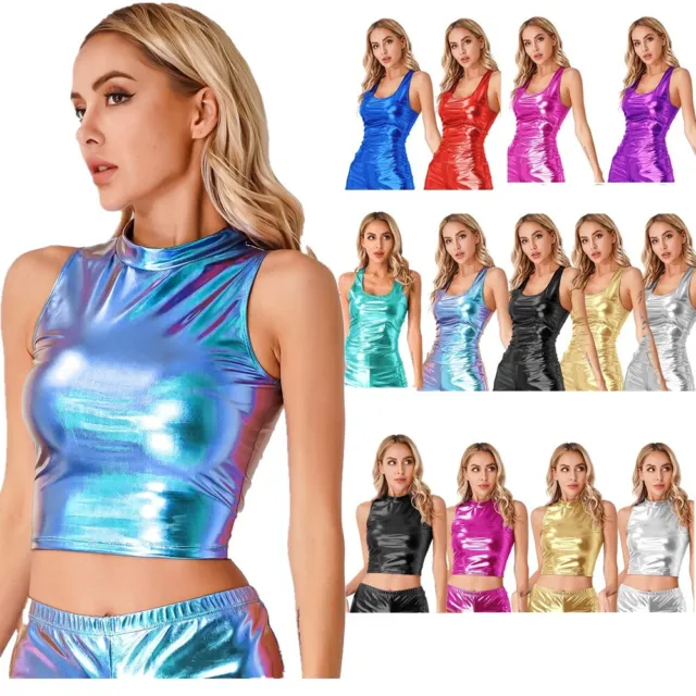 Womens Shiny Metallic Tank Tops Sleeveless Crop Top Vest Rave Dance Top Clubwear