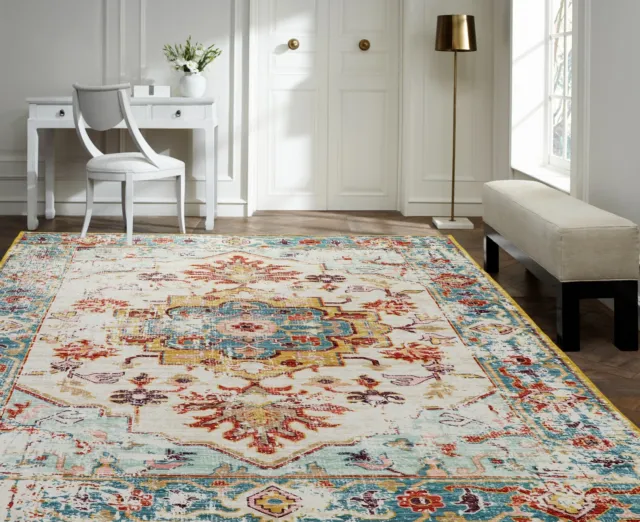 Transitional Multi Colored Washable Rug for Living Room or Dining Various Sizes