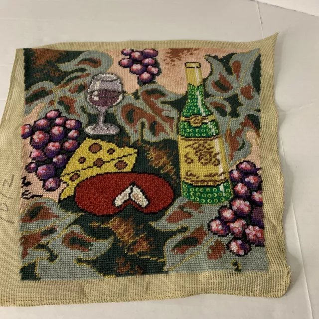 Finished Needlepoints Wine Grapes Cheese  Sequins Beads For Pillow Bag Wall Art