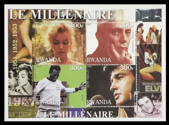 106.RWANDA 2001 Tampon M/S Nehru, Pele, Marlyn Monroe, Elvis Presley MNH