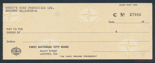 Fiji: USA 1970s First National City Bank SCARCE CHEQUE ON "LAUTOKA" .....