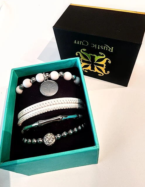 Rustic Cuff Bracelet Set of 4 Leather Silver Rubber Dragon Fly Charm New in Box