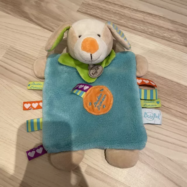 Doudou plat Bleu et Vert Chien Beige doudou d’amour Baby nat