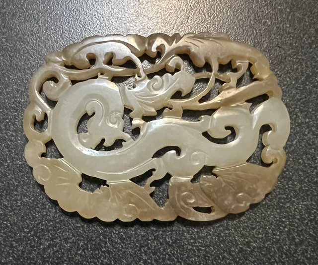 Old CHINESE Green Nephrite JADE CARVED Dragon PENDANT AMULET Plaque