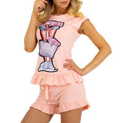 Tuta Due Pezzi Da Sera Donna Completo Pantaloncino T-Shirt Rosa Jumpsuit 8-166