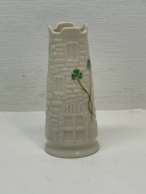 Belleek Ireland Bud Vase Antique Vintage Castle Tower Green Clover Cream Colour