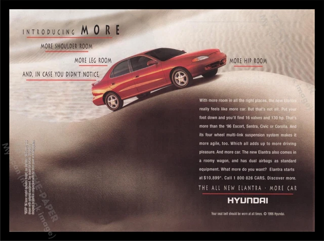 Hyundai Elantra 1990s Print Advertisement Ad 1996 More Hip Room Body Curves