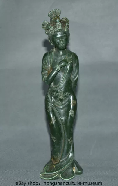 11.2" Rare Chinese Old Green Jade Carved Stand Belle Beautiful Woman Statue