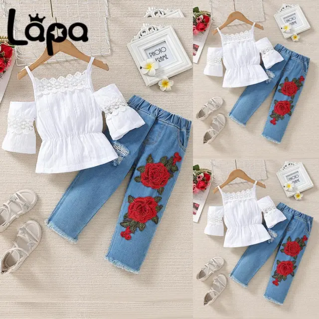 2PCS Kids Baby Girls Lace Vest Tops Floral Denim Jeans Outfits Clothes Set Tops