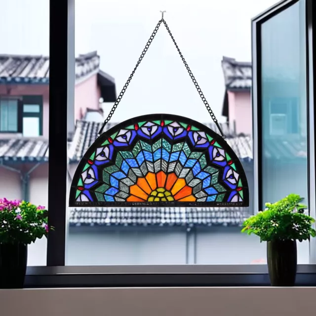 BWKOIUJES Tiffany Style Peacock Tail Stained Glass Window Panels Semicircle