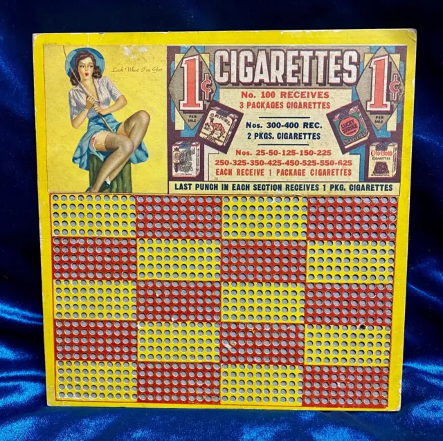 👀 Vintage 1 CENT Play-Girl  Cigarettes Punch Board 8 3/4" x 8 3/4" Fishing 👀
