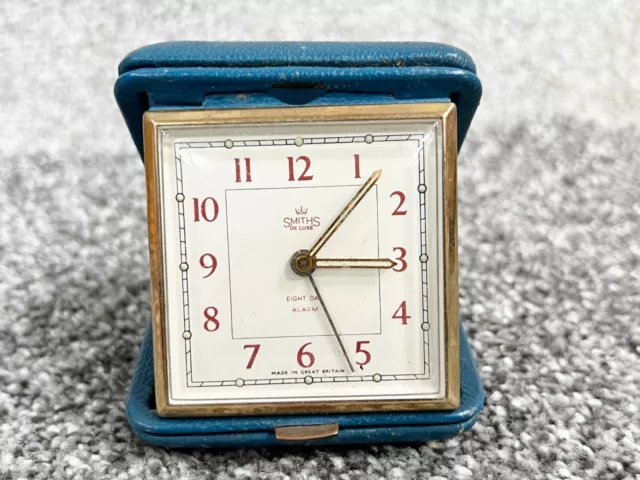 Vintage Smiths De Luxe Travel Alarm Clock Blue Case Silver Hallmark Plaque 1957