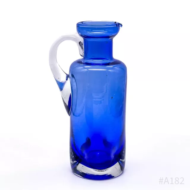 Vintage Kunstglas Vase mit Henkel mundgeblasen, Handarbeit Blau | 20 cm