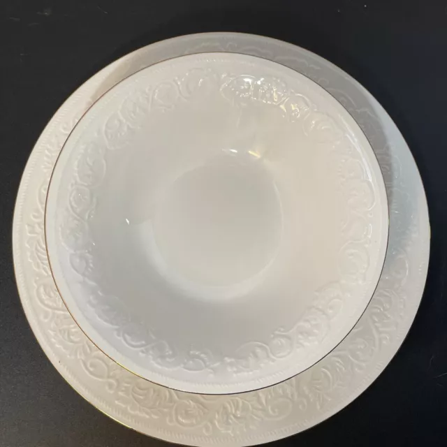Farberware Calais Serving Bowl & Platter White 22K Gold Rim Embossed Stoneware