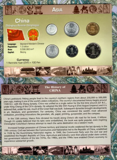 Littleton World Coin Set China 6 coin w/card UNC 1987-2010 5 Fen 1988 2 Fen 1984