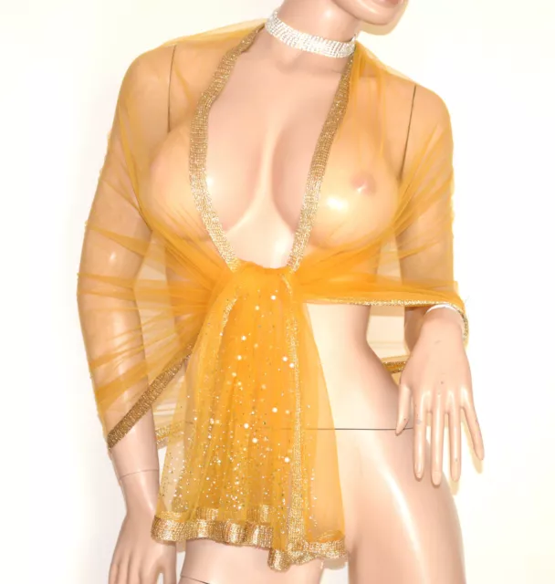 Etole femme maxi écharpe doré ambre châle voilé tulle perles strass Schal UG20