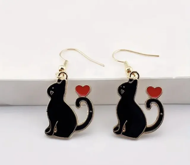 Cute Black Cat Enamel Earrings with Heart - Dangle/Drop/Hook Design