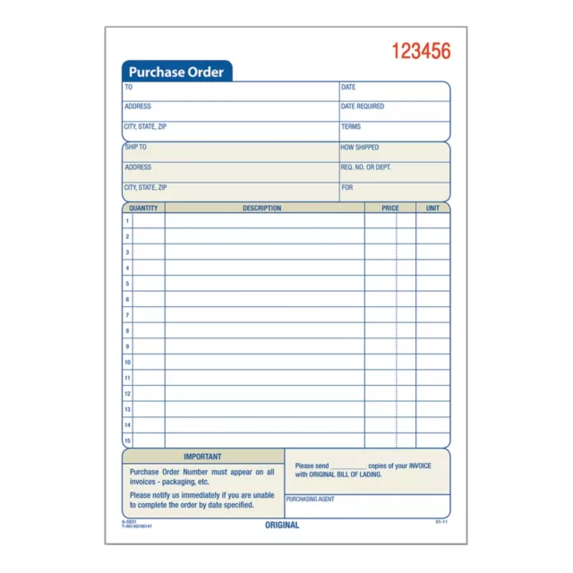 Adams 3-Part Carbonless 5 9/16" x 8 7/16" Purchase Order Book, 50 Set Pad