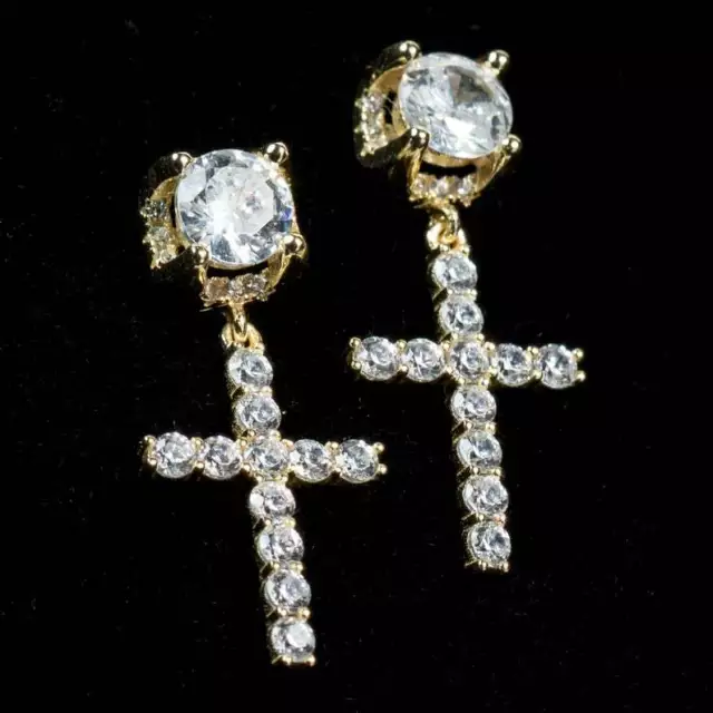 Men Iced 14K Gold/Silver Plated Dangle Hanging Cross Drop Huggie Hoop Earrings