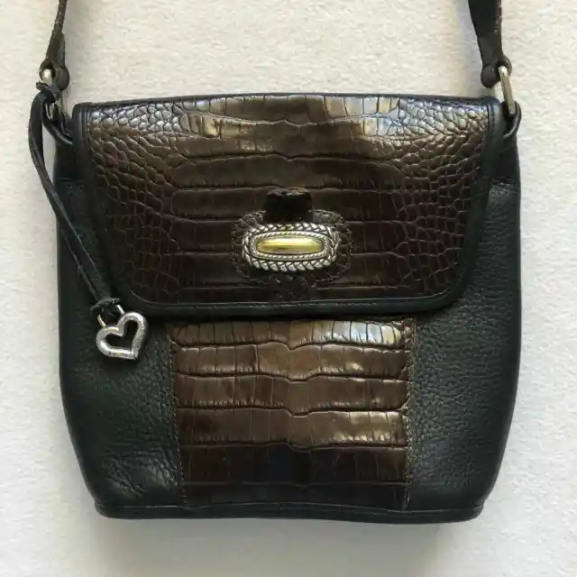 Brighton Brown Black Pebble Leather Croc Medium Crossbody Bucket Shoulder Bag