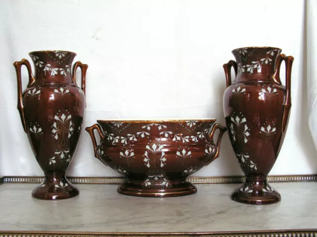 Rare Paire De Vase & Jardiniere En Faience Boch Freres Keramis Bkf