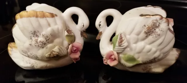 Rare vintage hand painted ceramic bisque Swan Salt And Pepper shakers