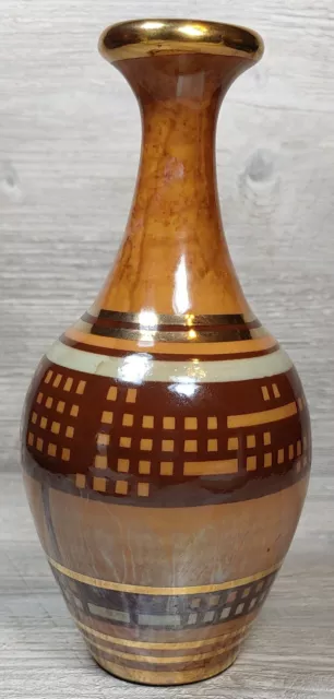 Studio Art Pottery Gold Rim Hand Painted Brown Stoneware Pot Vase Dripped VTG