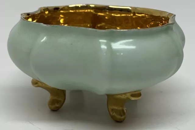 T & V LIMOGES FRANCE Green/Gold  4 Footed Open Salt Cellar Fluted Edge 2