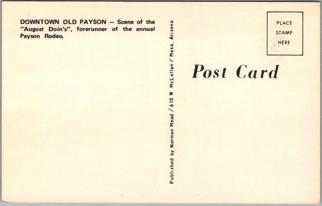 Payson, Arizona Postcard "DOWNTOWN OLD PAYSON" Street Scene c1960s Chrome Unused 2