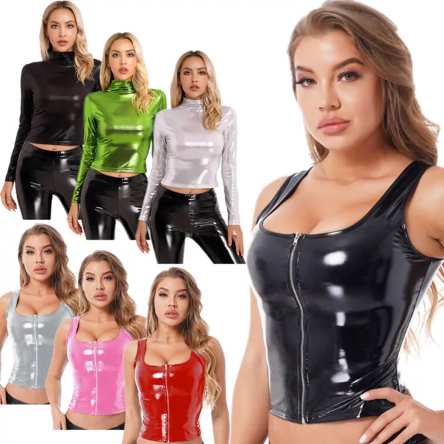 Women's Metallic Leather Zipper Crop Top Shiny Tank Vest T-Shirt Party Clubwear