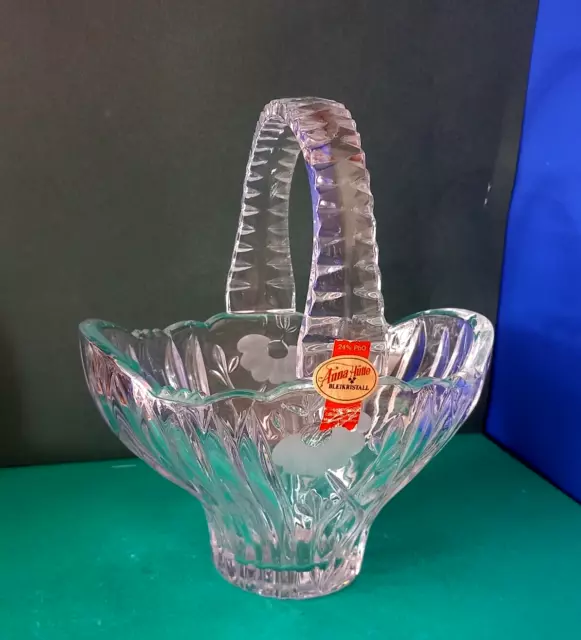 ANNA HUTTO GERMANY 24% PbO LEAD CRYSTAL HAND CUT ETCHED HEAVY VASE BASKET HANDLE