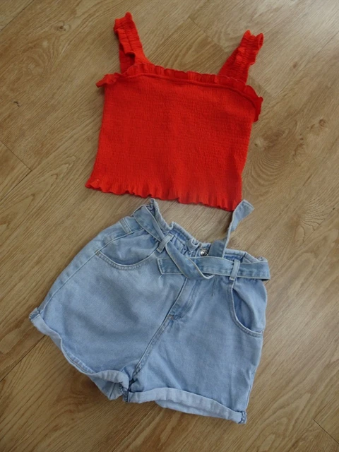 Pantaloncini denim 2 pezzi RIVER ISLAND ragazze e set estivo top ETÀ 11 - 12 ANNI eccellenti