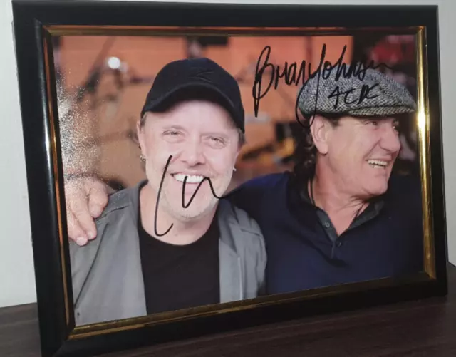 Lars Ulrich, Brian Johnson - Hand Signed With Coa - Framed Acdc Metallica 8X10