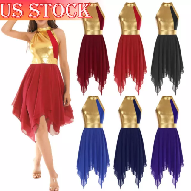 US Womens Metallic Color Block Praise Dance Dresses Liturgical Dance Costume