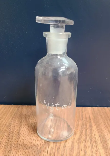 Antique 1940s 1950s Medicine Glass Bottle – Clear with Lid – "Nital" etched