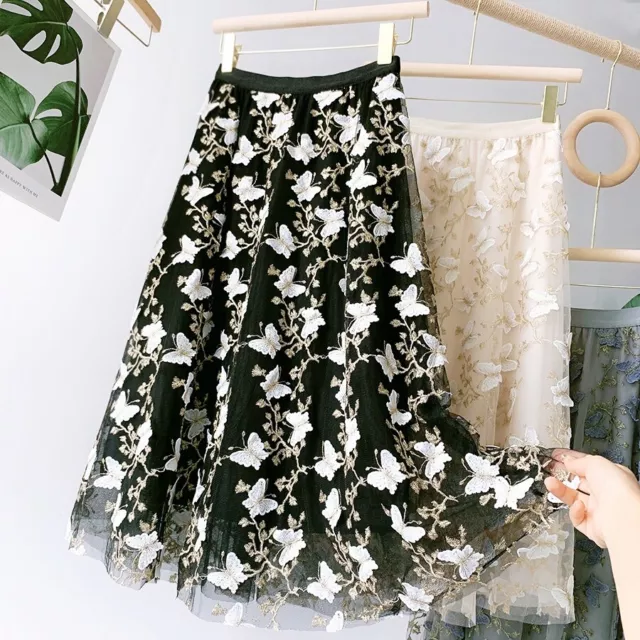 Ladies A-line Mesh Lace Embroidery Skirt Butterfly Midi High Waist Layered