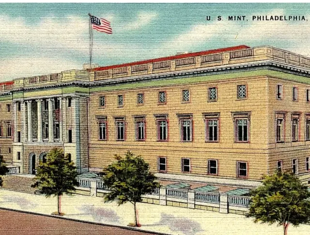 Postcard US Mint Building With Flag Streetview Vintage Philadelphia PA #2