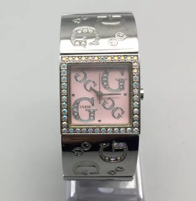 Guess Watch Women 26mm Crystal Silver Tone Pink Dial Logo Band New Battery 6.25"