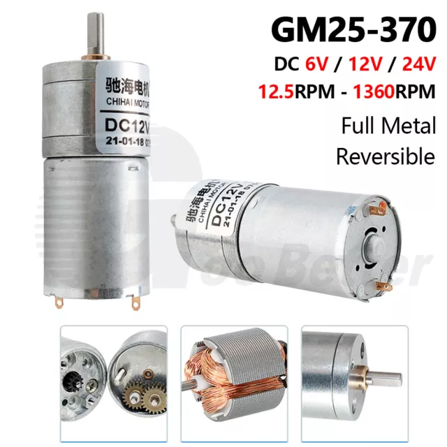 Gearmotor DC 6V 12V 24V Full Metal Gear Box Motor GM25-370 Reversible 12-1360RPM