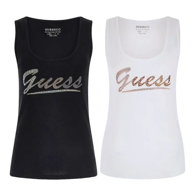 Guess Canotta Donna Logo Frontale Strass Maglia Top Coste T-Shirt W4Gp16K1814