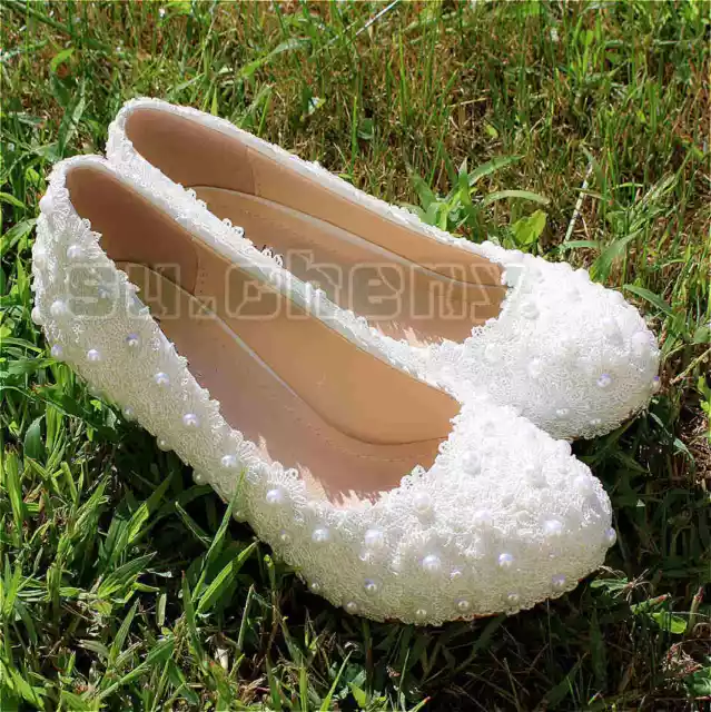 su.cheny White pearls flats flower low heels pumps lace Wedding Bridal shoes