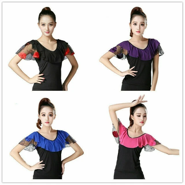 Femme Danse Latine Chemisier Haut T-Shirt Salle de Bal Salsa Tango Ruche