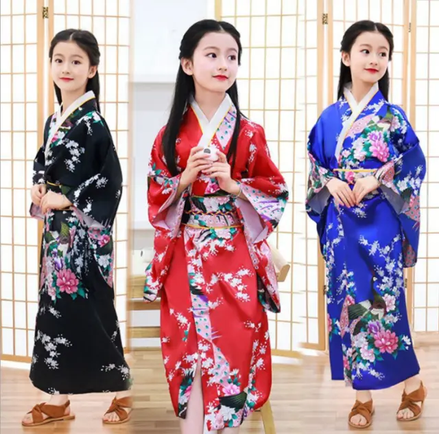 Vintage traditional Japanese gril's Kimono Yukata Haori Kids' Yukata obi Dresses