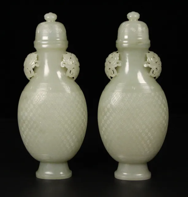 Chinese Exquisite Handmade Plain carving Hetian Jade Statue Bottle A Pair