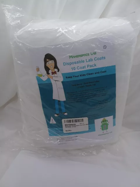 Makerspace Lab Disposable Lab Coats, White, Child size Small, 10 Pack Sealed