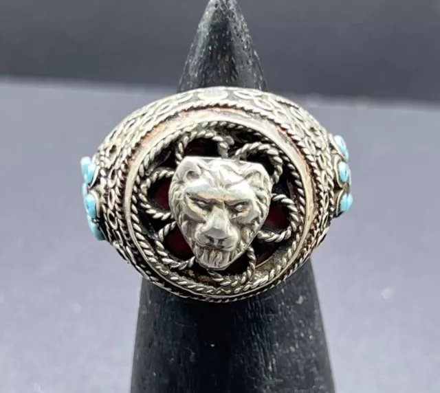 Rare Ancient Old Pure Sliver  Islamic Seljuk Ring With Lion Head On Top