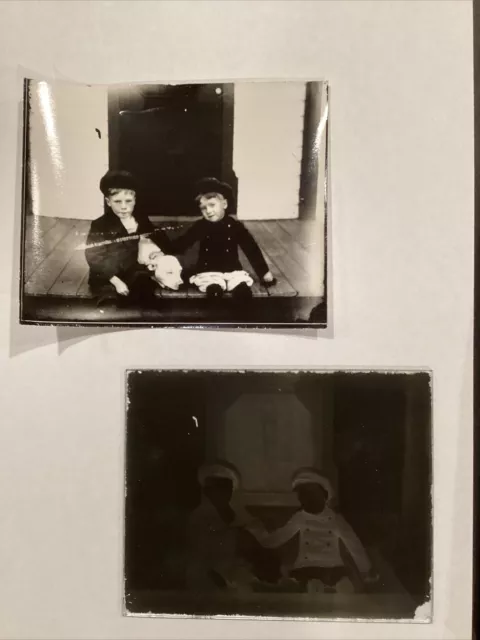 Original Glass Plate Negative & Photo Print Two Boys On Porch W Dog