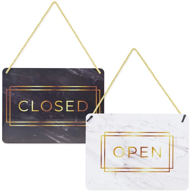 Double Sided Open and Closed Sign for Businesses, Marble Print (2 Pack)